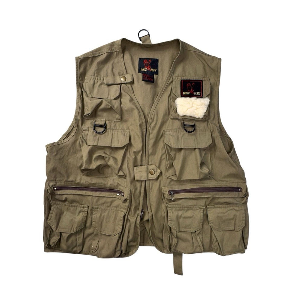 Eagle Claw S/M Fishing Vest Men Olive Green Lambskin Patch Pockets